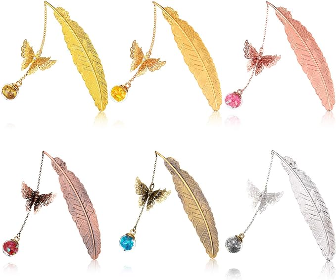 6 Pieces Metal Feather Bookmark Reading Page Markers Feather Metal Bookmark with 3D Butterfly and Colorful Crystal Glass Ball for Adults Kids Reader's Valentine's Day Birthday New Year School