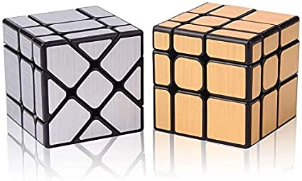 ROXENDA Set Bundle Pack Set of 2 Gold Mirror S, Silver Windmirror, Irregular Speedcubing 3x3x3 Speed Cube Twisty Box Puzzle