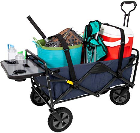 Mac Sports Collapsible Outdoor Utility Wagon with Folding Table and Drink Holders with Straps, Blue