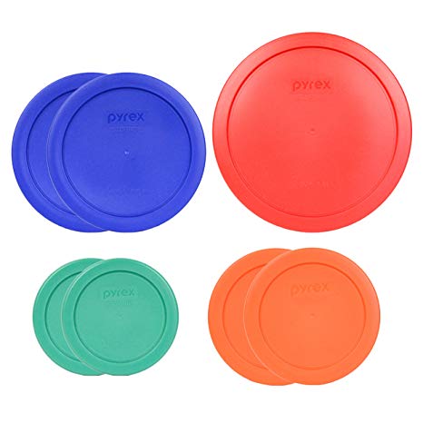 Pyrex (1) 7402-PC 6/7 Cup Red (2) 7201-PC 4 Cup Cobalt Blue (2) 7200-PC 2 Cup Orange (2) 7202-PC 1 Cup Green Food Storage Lids - 7 Pack