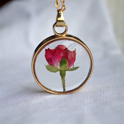 Red Rose Real Flowers Floating Locket 18K Gold Plated Chain Long Necklace