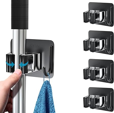 CANWAY Stainless Steel Broom Holder Self Adhesive | Drill Free Tight Grip Wall Mount Mop and Broom Holder with Hook (Black, Pack of 1)