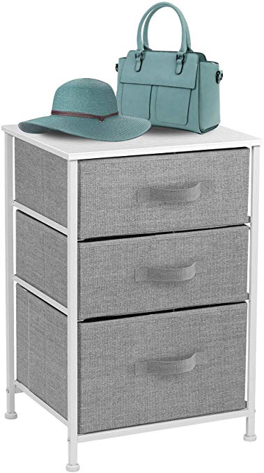 Sorbus Nightstand with 3 Drawers - Bedside Furniture & Accent End Table Chest for Home, Bedroom Accessories, Office, College Dorm, Steel Frame, Wood Top, Easy Pull Fabric Bins (White/Gray)