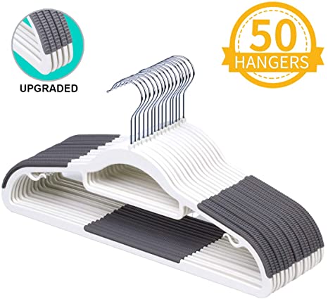 OIKA Coat Hangers 50pack White Plastic Hangers Upgraded Rubber Strip Non-Slip Clothes Hangers Space Saving Coat Hanger Heavy Duty Pants Hangers 16.5inch 360 ° Swivel Hook