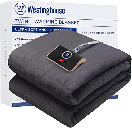 Westinghouse Electric Blanket Twin Heated Blanket Flannel Soft, Machine Washable, 10 Heat Settings | 62x84 inch, Charcoal