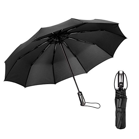 Hamalaya Travel Umbrella, Auto Open Close Folding Umbrella - 10 Fiberglass Ribs Durable 210T Fabric Canopy, 60MPH Windproof & Slip-proof Handle, Lightweight for One Handed Operation