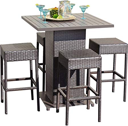 TK Classics 5 Piece Table Set with Backless Barstools Outdoor Wicker Patio Furniture