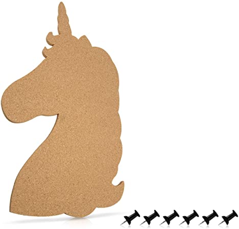 Navaris Cork Board Bulletin Board - Unicorn Design 10 x 16 in, Includes 6 Pins - Message Noticeboard Memo Shape Display Pinboard for Home or Bedroom