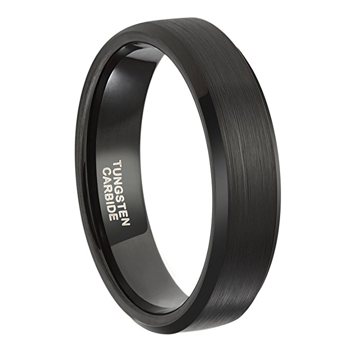 4mm 6mm 8mm Black Tungsten Carbide Ring Band for Men Women Beveled Edges Brushed Comfort Fit Size 4-15