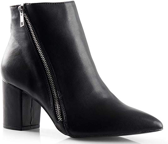 LUSTHAVE Womens Cinco Zipper Pointy Toe Chunky Heel Ankle Bootie Boots