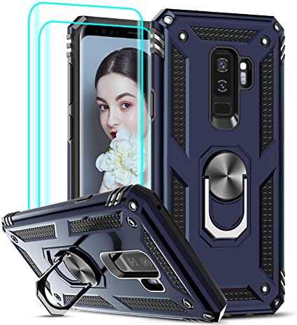 LeYi Compatible for Samsung Galaxy S9 Plus Case (NOT FIT S9) with [2 Pack] 3D Curved Screen Protector, [Military-Grade] Magnetic Ring Holder Kickstand Protective Phone Case for Samsung S9 Plus,Blue