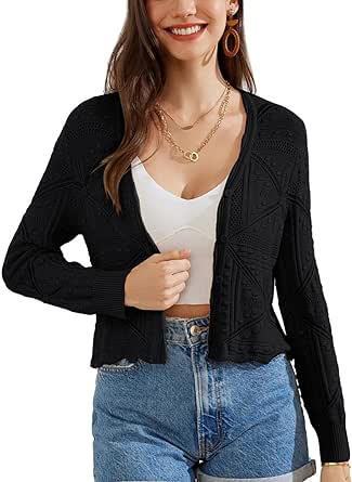 GRACE KARIN Women Crochet Cropped Cardigan Casual Elegant Lightweight Button Sweater Long Sleeve Hollowed-Out Shrug Tops