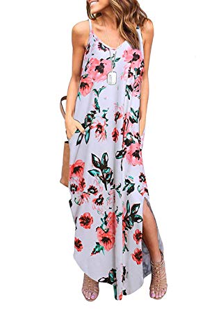 Women's Summer Casual Pockets Strappy Long Dress Loose Beach Cami Split Maxi Dress