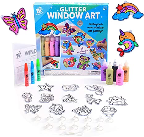 TBC The Best Crafts Glitter Window Art for Kids, DIY Stained Glass Effect Acrylic Suncatchers Arts & Crafts Kit, 12 Suncatchers, 8 Peelable Window Paints, Make Your Own Window Art Gallery