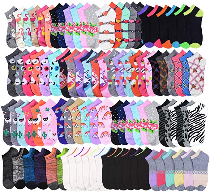 20 Pairs - Women's Socks - Ankle Cut, Low Cut, No Show, Footie, Casual Girls in 60 Colorful Patterns (Size 6-8)