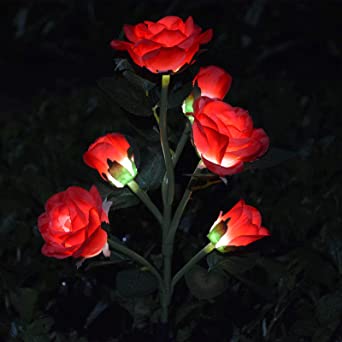 [Upgraded 6 Flowers]Garden Solar Decorative Lights, Outdoor Waterproof Realistic Artificial Rose Flowers for Backyard Pathway Porch Step Memorial Cemetery Gravesite Decor, Red