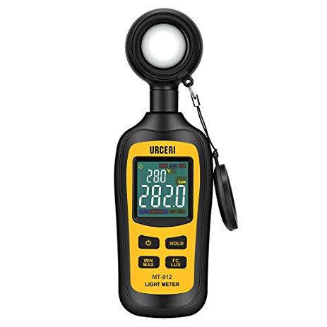 URCERI Handheld Digital Light Meter Ambient Temperature Measurer with Range up to 200,000 Lux with 4 Digit Color LCD Screen, Black and Yellow