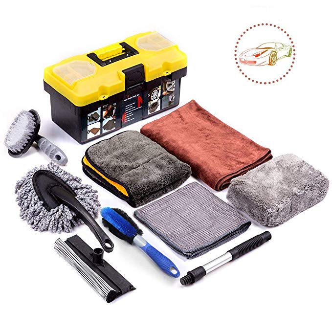 Mofeez Car Cleaning Tools Kit With storage Box - Duster | Tire Brush | Wheel Brush | Wash Sponge | Microfiber Wash Cloths | Window Water Scraper