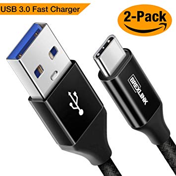 BrexLink (Newer Version) USB Type C Cable, USB C Cable 3.0 [2-Pack] [6.6Ft] Fast Charger Nylon Braided Charging Cord for Samsung Galaxy S9 Note 8 S8 Plus, Google Pixel, LG G5, Nintendo Switch (Black)