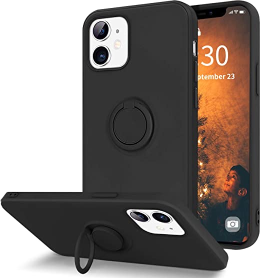 Ownest Compatible with iPhone 12 Case,iPhone 12 Pro Case with Built-in 360 Rotatable Ring Kickstand Fit Magnetic Car Mount Slim Liquid Silicone Rubber Protective for iPhone 12/12 Pro-Black