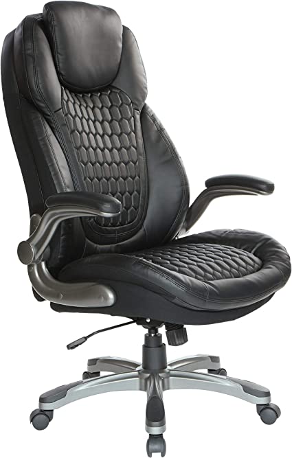 Office Star ECH Series Deluxe Executive High Back Bonded Leather Chair with Adjustable Seat and Padded Flip Arms, Black with Titanium Nylon Base