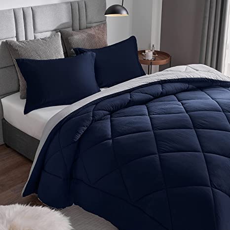 CozyLux Queen/Full Reversible Comforter Set 3-Piece Premium 1800 Series Lightweight Bed Set - Soft Goose Down Alternative Duvet Insert for All Season (1 Comforter 2 Pillow Shams, Navy Blue/Light Gray)