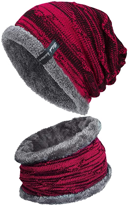 2 Pieces Winter Beanie Hat and Scarf Set for Men and Women, Slouchy Warm Fleece Lined Knit Caps & Neck Warmer
