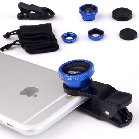 ECVILLA Universal 3 in 1 Camera Lens Kit Clip-On 180 Degree Supreme Fisheye   0.67X Wide Angle  10X Macro Lens for iPhone 6s/6s Plus, iPhone 6/6 Plus,iPhone 5 5S 4 4S Samsung HTC Android (Blue)