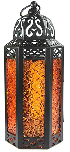 Amber Glass Moroccan Style Candle Lantern - Great for Patio, Indoors/Outdoors, Events, Parties and Weddings
