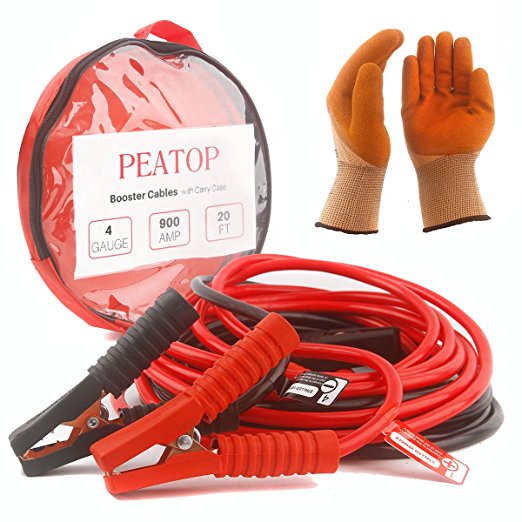 Jumper Cables Heavy Duty 4 Gauge 900 AMP 20ft Copper Jaw with Carry Bag Safety Gloves (4AWG x 20FT booster cable) by PEATOP