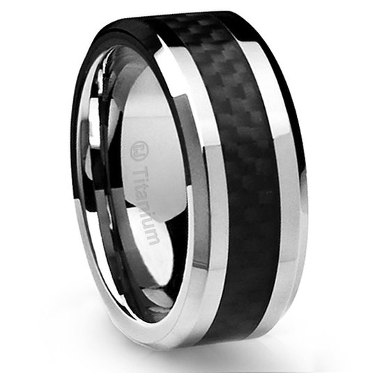 10MM Men's Titanium Ring Wedding Band Black Carbon Fiber Inlay and Beveled Edges
