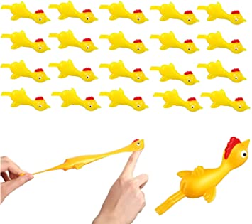 MIEDEON 20 Packs Flying Rubber Chicken Turkey Slingshot Flick Chicken Flingers Stick on The Wall Stretchy Funny, Little Toys for Children (Yellow)