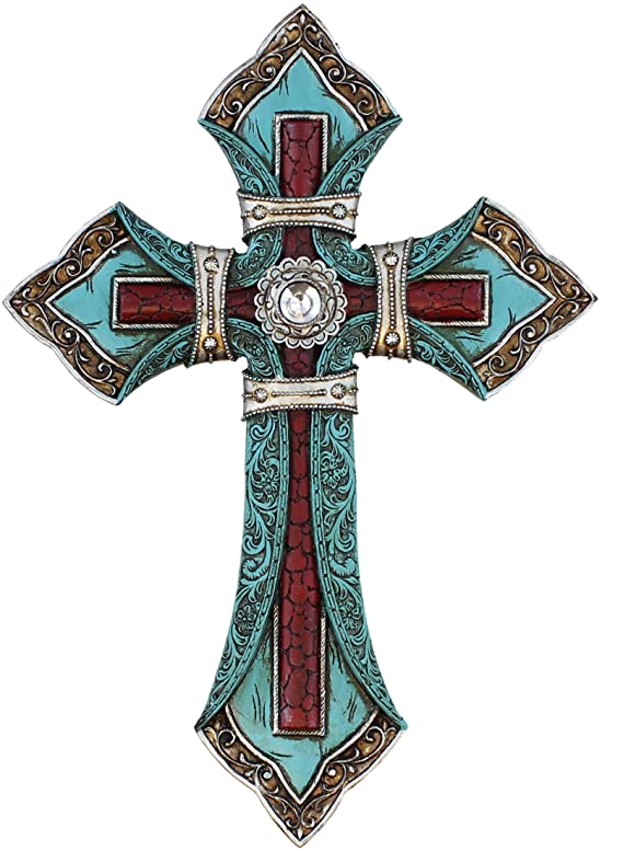 Top Brass Ornate Wall Cross - Tooled Teal Leather Look - Layered Spiritual Art