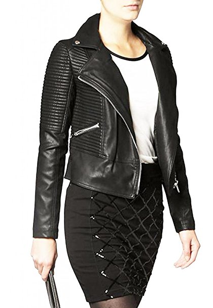 Exemplar Women's Genuine Lambskin Leather Moto Jacket Black LL403