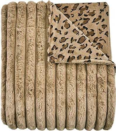 softan Striped Faux Fur Blanket with Leopard Print Fleece Reverse, Reversible Cheetah Print Throw Blanket for Couch Sofa Bed, Soft Fuzzy Single Fall Thick Blanket Gift, Brown - 130 x 150 cm