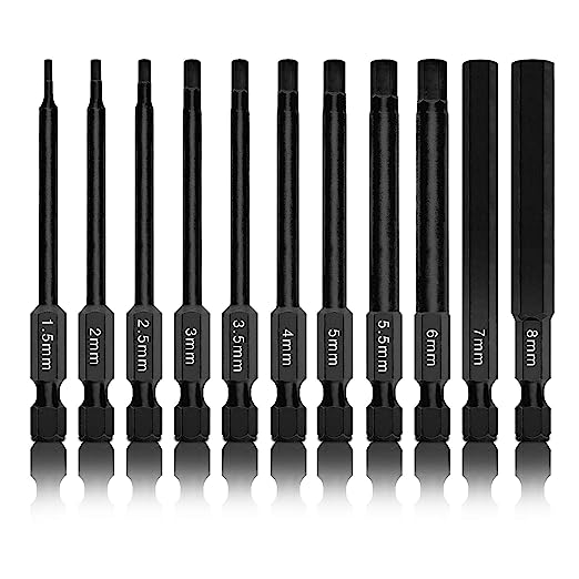 NEIKO 01148A Hex Allen Power Bit Set, 11-Piece Metric Sizes 1.5mm to 8mm | Magnetic Hex Head Bits | 3 Quick Release Shanks | Premium S2 Steel | Compatible with Power Drills and Impact Drivers