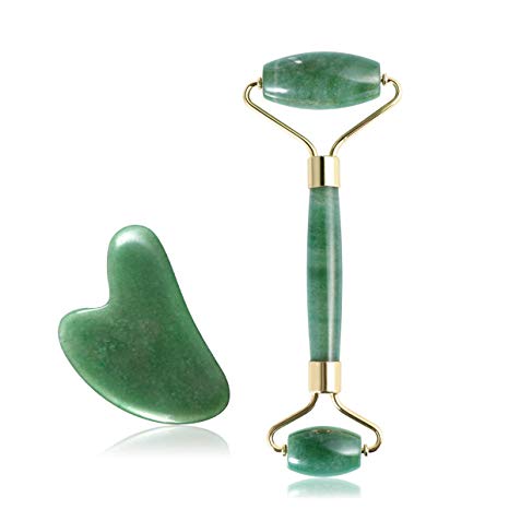 Frcolor Jade Roller for Face, Natural Facial Jade Stone Set Skin Massage Roller with Gua Sha Scraping Tools