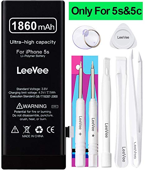 1860mAh High Capacity Replacement Battery Compatible with iPhone 5S and 5C, LeeVee 0 Cycle Li-Polymer Replacement Battery for iPhone 5S & 5C with Repair Tools Kits, Adhesive Strips & Instruction