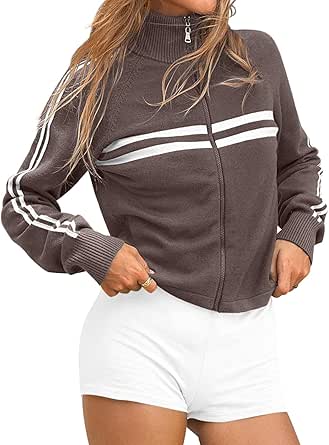 Trendy Queen Women's Knit Zip Up Jackets Trendy Color Block Y2K Sweater Coats 2024 Mock Turtleneck Gym Workout Clothes