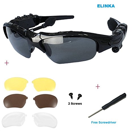 Elinka Wireless Music Sunglasses Bluetooth Headset Headphone for iPhone 5S 6 Plus, Samsung Galaxy S3 S4 S5 Note2 Note3, HTC, LG and All Smart Phones or PC Tablets Free Replaceable 3 pair lens