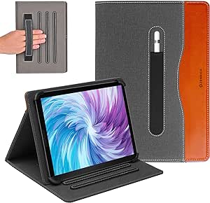 ZenRich Universal Tablet Case for 10.1 inch, PU Leather Case Cover for 10''-11'' Touchscreen Tablet with Multiple Viewing Angles/Hand Strap/Pen Holder/Adjustable Fixing Silicon Band, Brown