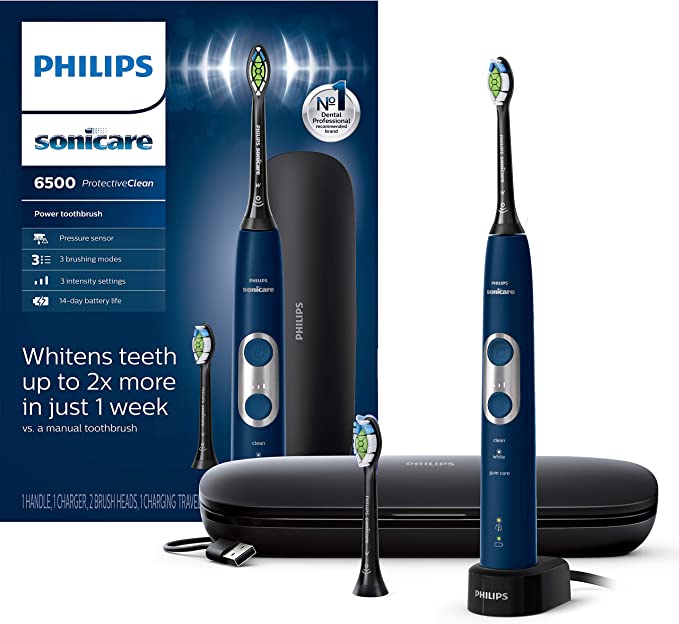 Philips Sonicare ProtectiveClean 6500 Rechargeable Electric Power Toothbrush with Charging Travel Case and Extra Brush Head, Navy Blue, HX6462/07