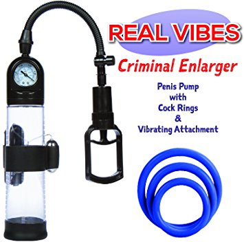 Penis Pump and Cock Rings by Real Vibes - The "Criminal Enlarger Kit" includes Pump with 3 Cock Rings and Bullet Vibrator