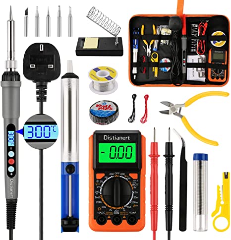 Distianert Soldering Iron Kit 19PCS, Welding Tools 60W LCD Screen, Adjustable Temperature with Digital Multimeter, Stand, Tips, Coil, Tape, Solder Sucker, Wire Cutter for Electronics Maintenance