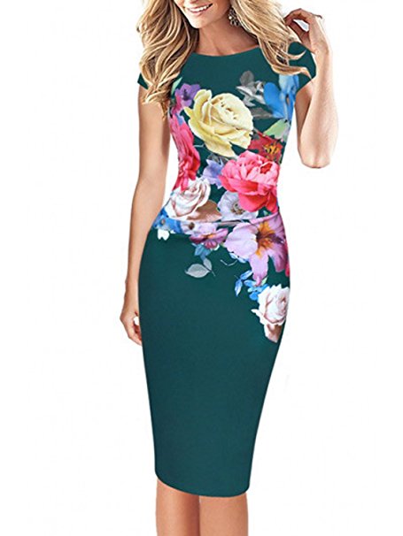 Babyonlinedress Babyonline Womens Floral Printed Ruched Bodycon Cocktail Evening Party Dress