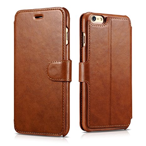 iPhone 6s Plus/6 Plus Leather Case, Xoomz Premium Vegan Leather Side Open Wallet Cases with 3 Card-slot, Flip Folio Style with Magnetic Strap with Stand Function for iPhone 6s Plus/6 Plus (Brown)