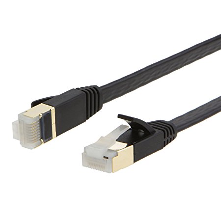 CableCreation (2-PACK) Flat Lan Cable CAT7(Category 7) Shielded Ethernet Patch Cable, 50U”Gold Plated Contact,SSTP Network Cable Up to 10 Gigabit, Band Width:600MHZ ,6.6ft/2m, Black