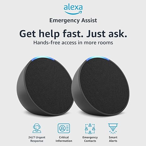 Two Echo Pop Devices   Alexa Emergency Assist Monthly (auto-renewal) | Full sound compact smart speaker | Charcoal