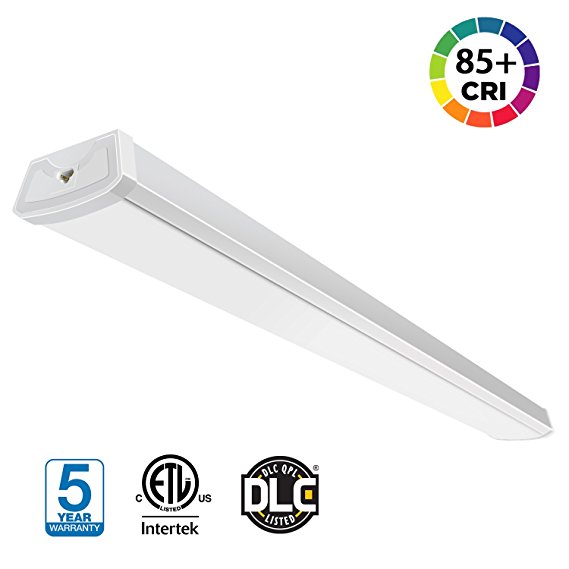 4ft Linkable 40W LED Wraparound Flush Mount Shop Light, 64W Fluorescent Equivalent, 4800Lumens, 4000K, 85 CRI, Perfect in Garages, Shops, Offices, Workbenches, Hallways, Instant on in Low Temperature