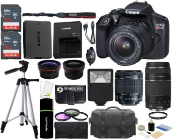 Canon EOS Rebel T6 18MP Wi-Fi DSLR Camera with 18-55mm IS II Lens   EF 75-300mm III Lens   SanDisk 32GB & 16GB Card   Wide Angle Lens   Telephoto Lens   Flash   Grip   Tripod - 48GB Accessories Bundle